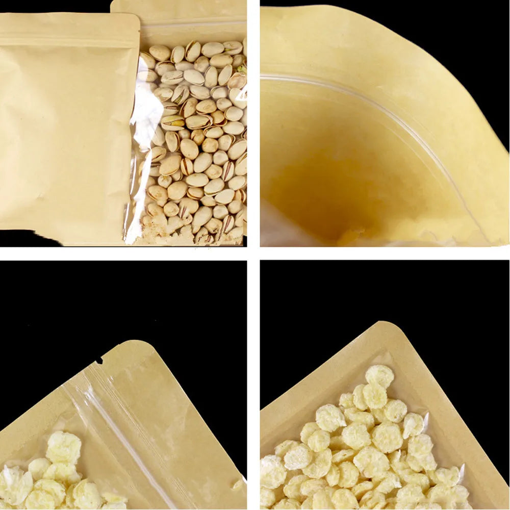 100Pcs/Lot Clear Brown Zip Lock Plastic Kraft Paper Bag Self Grip Zipper Seal Tear Notch Food Snack Candy Tea Coffee Pouches