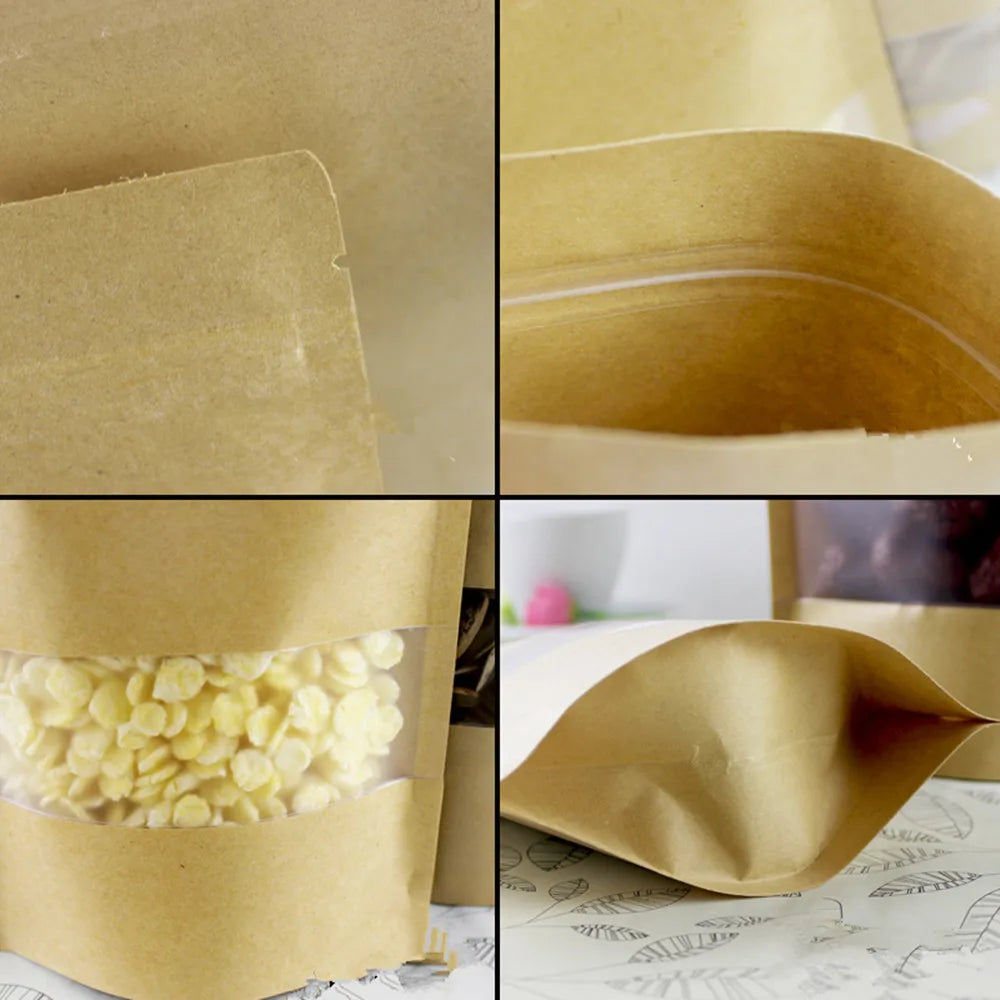 50Pcs/Lot Food Storage Doypack Self Grip Seal Packaging Pouches Kraft Paper Zip Lock Stand Up Bag with Frosted Window Tear Notch