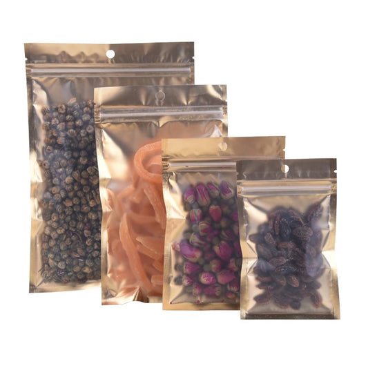 100Pcs/Lot Matte Aluminum Foil Gold Zip Lock Bag with Hang Hole Self Grip Seal Tear Notch Food Candy Storage Packaging Pouches