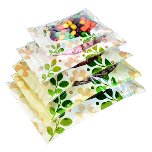 100Pcs/Lot Tear Notch Reusable Food Chocolate Cookies Tea Storage Pack Zip Lock Plastic Bag with Clear Window Green Leaf Printed