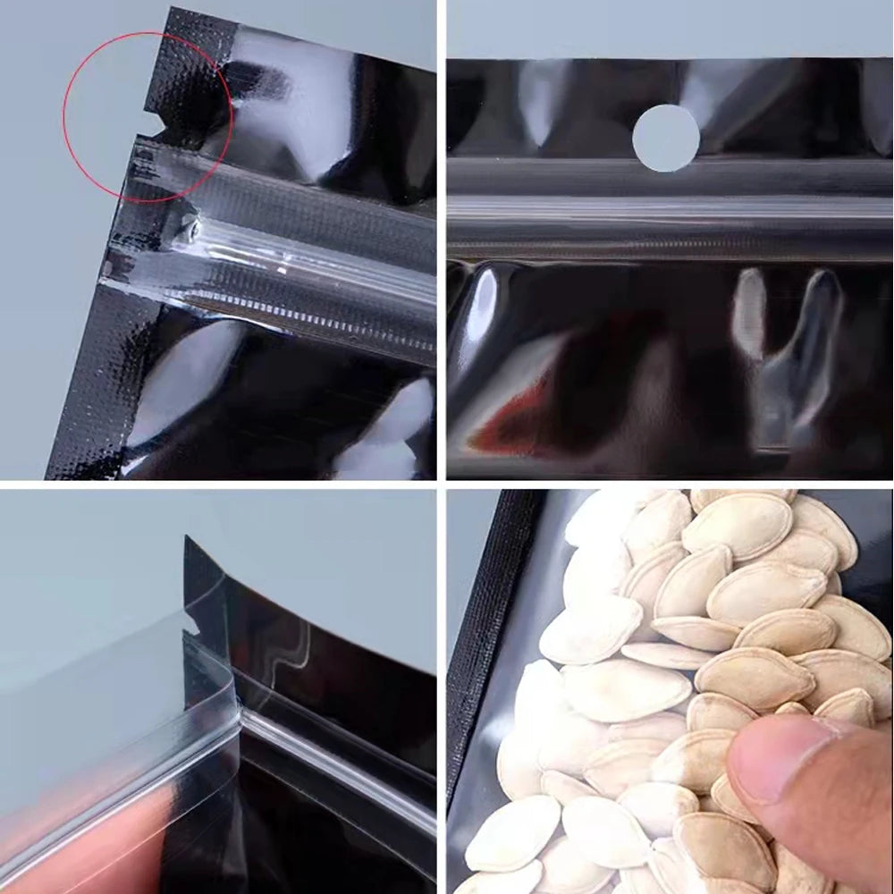 100Pcs/Lot Clear Plastic Black Aluminum Foil Zip Lock Bag with Hang Hole Resealable Reusable Tear Notch Food Packing Pouches