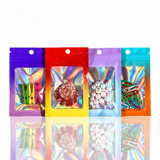 100Pcs Holographic Zip Lock Bag Hologram Gradient Aluminum Foil Pouches for Jewelry Ornaments Nail Art Eyelash Packing Reusable