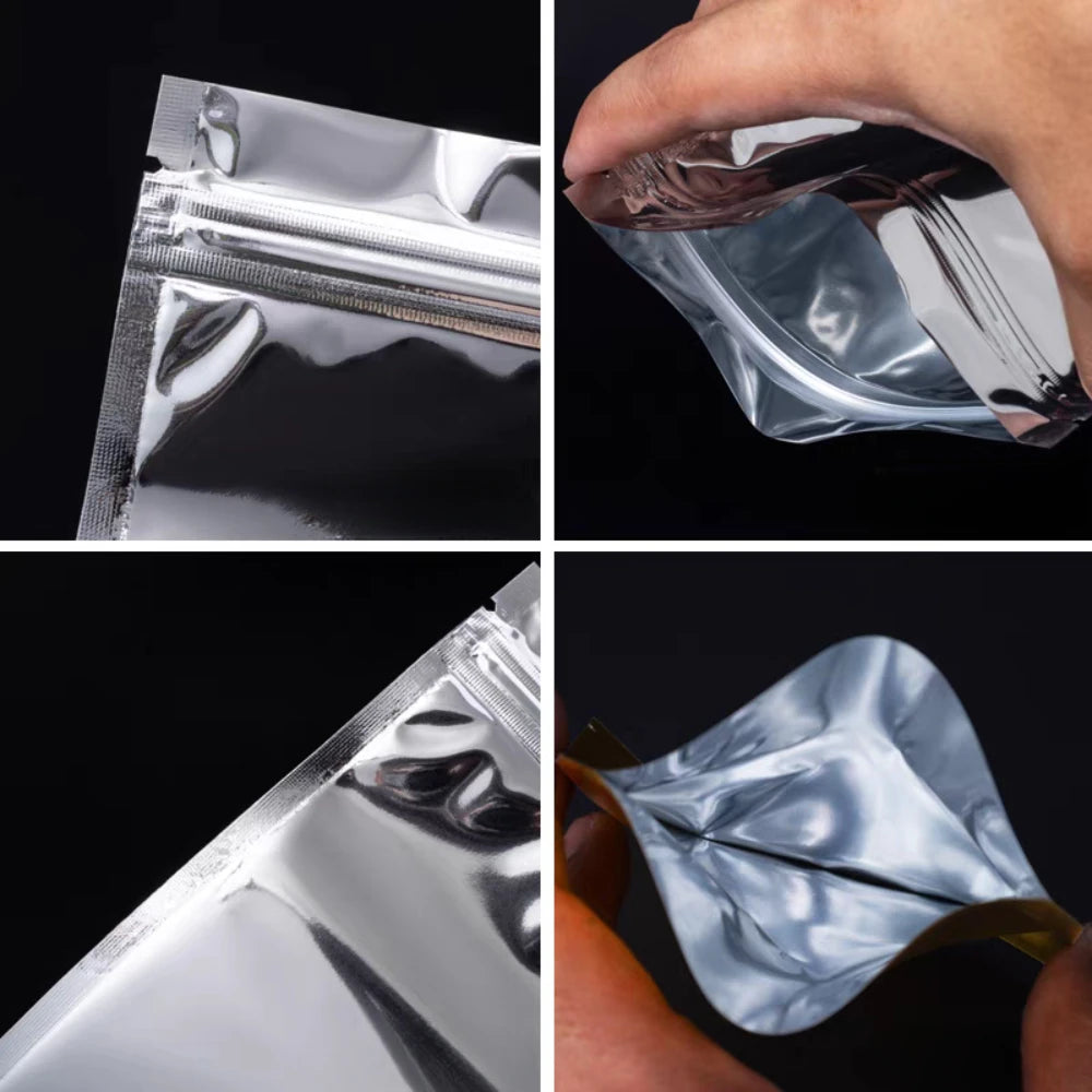 100 шт. плоских глянцевых серебристых алюминиевых фольгированных пакетов с застежкой-молнией, идеально подходящих для хранения чая, закусок, специй и кофе, многоразовые упаковочные пакеты