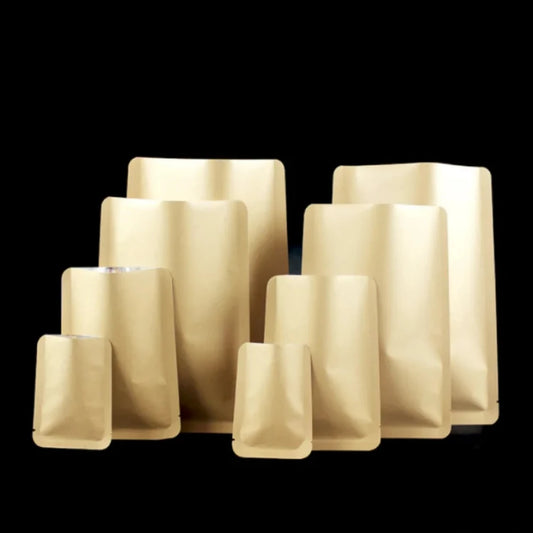 100Pcs Flat Bottom Kraft Paper Mylar Foil Bags DIY Tea Coffee Spice Storage Pouches Heat Sealable Eco-Friendly Packaging