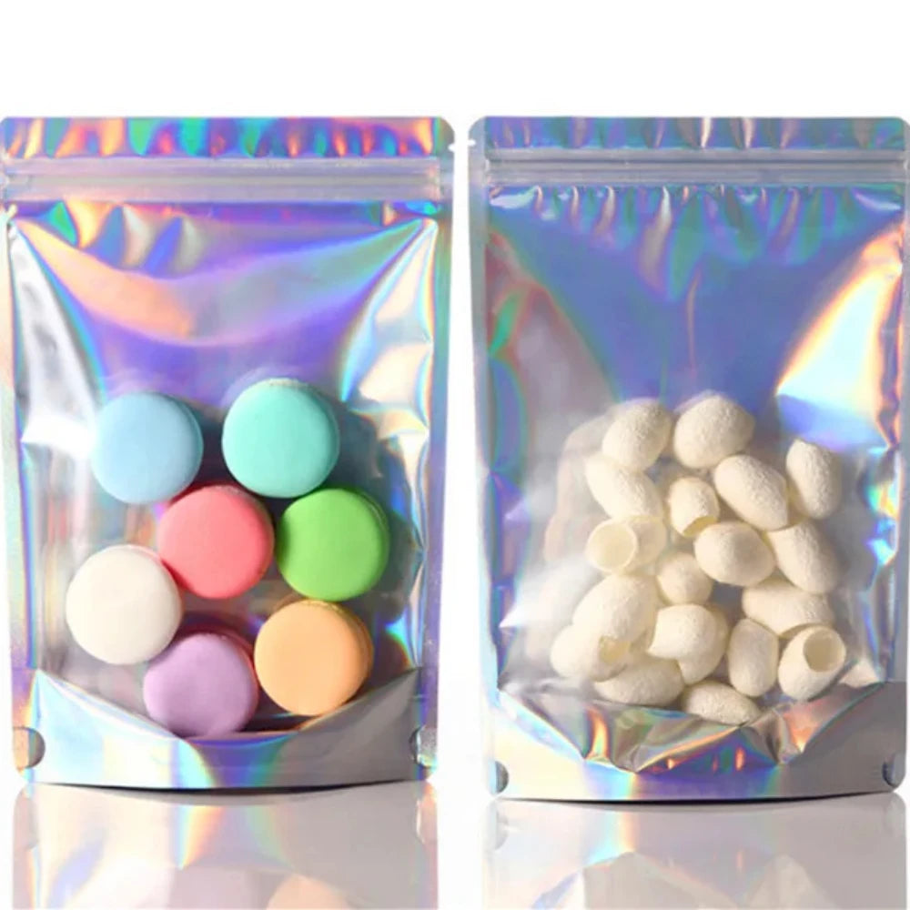 100Pcs Holographic Zip Lock Bags Translucent Stand Up Clear Front Perfect for Snacks Coffee Dried Fruits Candy Reusable Pouches