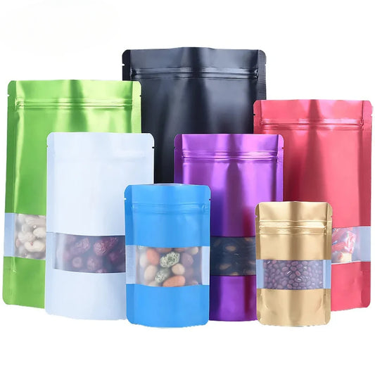 100Pcs Resealable Ziplock Bags Matte Aluminum Foil Stand Up Storage Pouches with Window for Snacks Beads Cereal Spices Candies