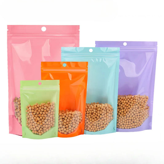 100Pcs Pink Green Purple Macaron Plastic Bags Stand Up Zipper Food Storage Pouches for Tea Nuts Powder Transparent Pearlescent