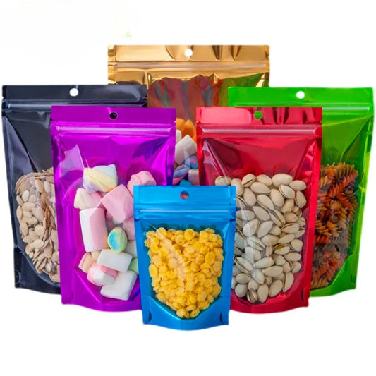 100Pcs Clear Resealable Ziplock Bags Hang Hole Stand Up Plastic Pouches for Wedding Snacks Coffee Candy Spice Storage Packaging