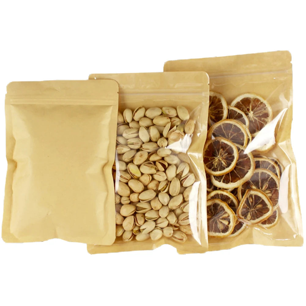 100Pcs/Lot Clear Brown Zip Lock Plastic Kraft Paper Bag Self Grip Zipper Seal Tear Notch Food Snack Candy Tea Coffee Pouches