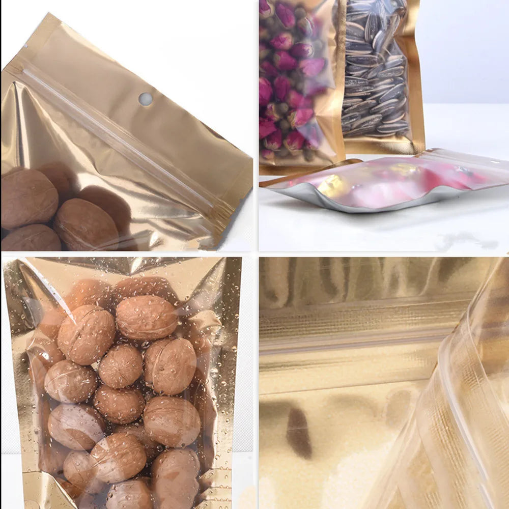 100Pcs/Lot Matte Aluminum Foil Gold Zip Lock Bag with Hang Hole Self Grip Seal Tear Notch Food Candy Storage Packaging Pouches
