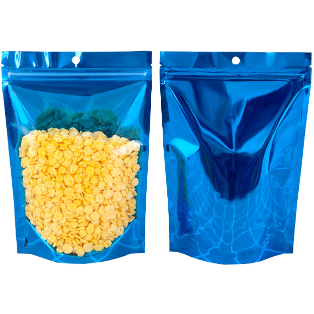 100Pcs/Lot Clear Aluminum Mylar Foil Zip Lock Stand Up Bag with Hang Hole Self Grip Seal Tear Notch Food Storage Pack Pouches