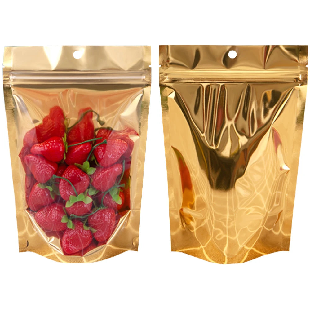 100Pcs/Lot Clear Aluminum Mylar Foil Zip Lock Stand Up Bag with Hang Hole Self Grip Seal Tear Notch Food Storage Pack Pouches