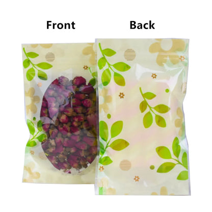 100Pcs/Lot Tear Notch Reusable Food Chocolate Cookies Tea Storage Pack Zip Lock Plastic Bag with Clear Window Green Leaf Printed