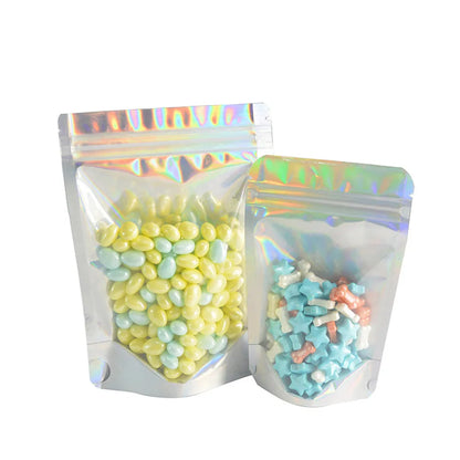 100Pcs/Lot Clear Glittery Silver Mylar Foil Zip Lock Stand Up Bag Reusable Resealable Tear Notch Doypack Grip Seal Food Pouches