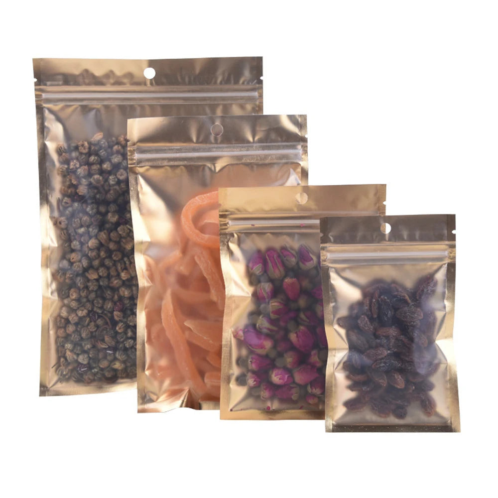 100Pcs/Lot Matte Aluminum Foil Gold Zip Lock Bag with Hang Hole Self Grip Seal Tear Notch Food Candy Storage Packaging Pouches