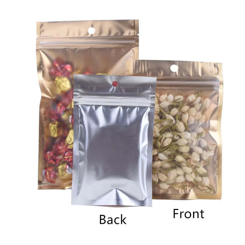 100Pcs/Lot Matte Aluminum Foil Gold Zip Lock Bag with Hang Hole Self Grip Seal Tear Notch Food Candy Storage Packaging Pouches