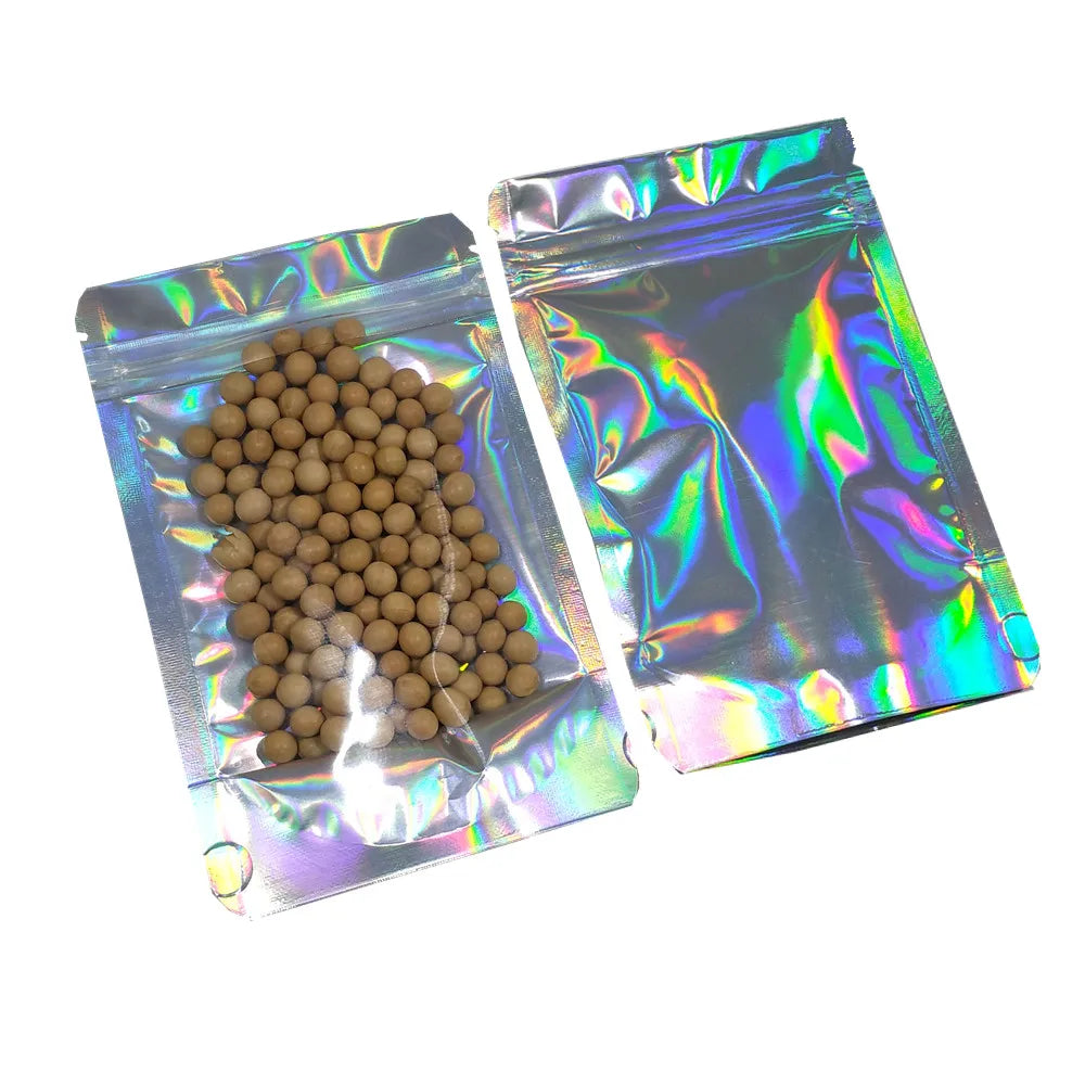 100Pcs/Lot Clear Glittery Silver Mylar Foil Zip Lock Stand Up Bag Reusable Resealable Tear Notch Doypack Grip Seal Food Pouches
