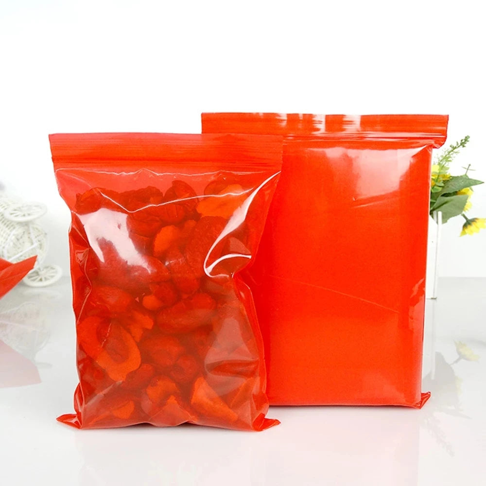 Red Plastic Zip Lock Self Seal Bag, Reusable Flat Zipper Pouches, Small Gift, Grocery Craft Storage, 100Pcs