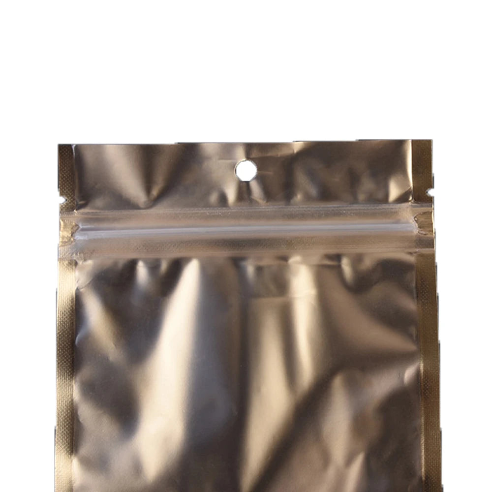 100Pcs/Lot Matte Aluminum Foil Gold Zip Lock Bag with Hang Hole Self Grip Seal Tear Notch Food Candy Storage Packaging Pouches