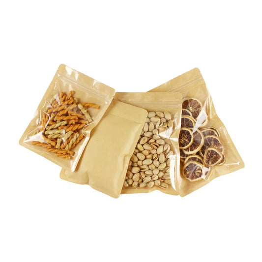 100Pcs/Lot Clear Brown Zip Lock Plastic Kraft Paper Bag Self Grip Zipper Seal Tear Notch Food Snack Candy Tea Coffee Pouches