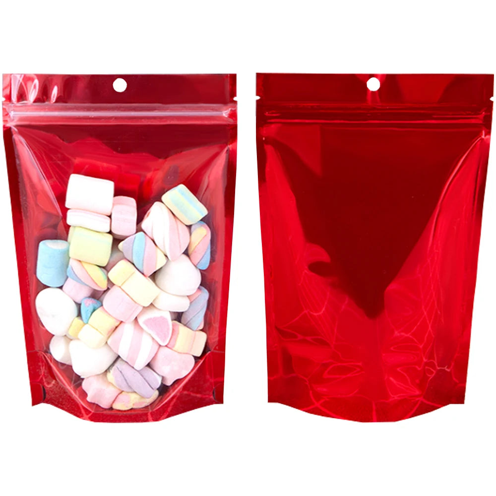 100Pcs/Lot Clear Aluminum Mylar Foil Zip Lock Stand Up Bag with Hang Hole Self Grip Seal Tear Notch Food Storage Pack Pouches