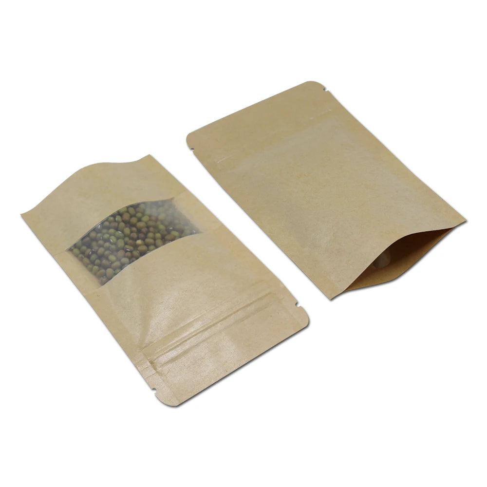 50Pcs/Lot Food Storage Doypack Self Grip Seal Packaging Pouches Kraft Paper Zip Lock Stand Up Bag with Frosted Window Tear Notch