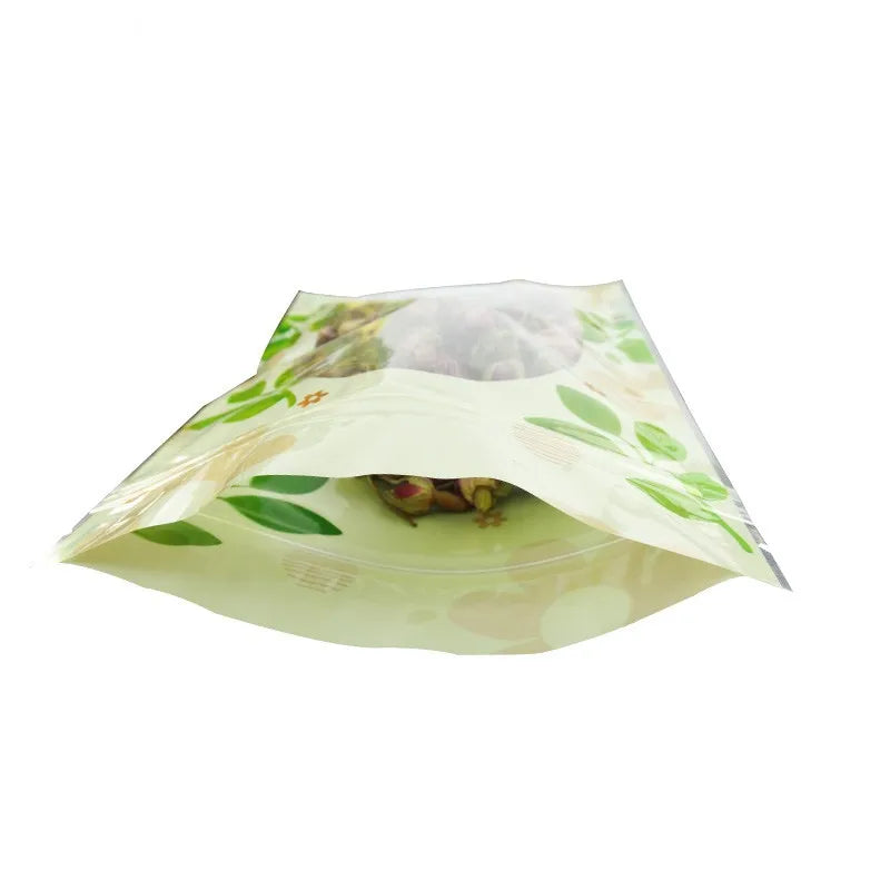 100Pcs/Lot Tear Notch Reusable Food Chocolate Cookies Tea Storage Pack Zip Lock Plastic Bag with Clear Window Green Leaf Printed