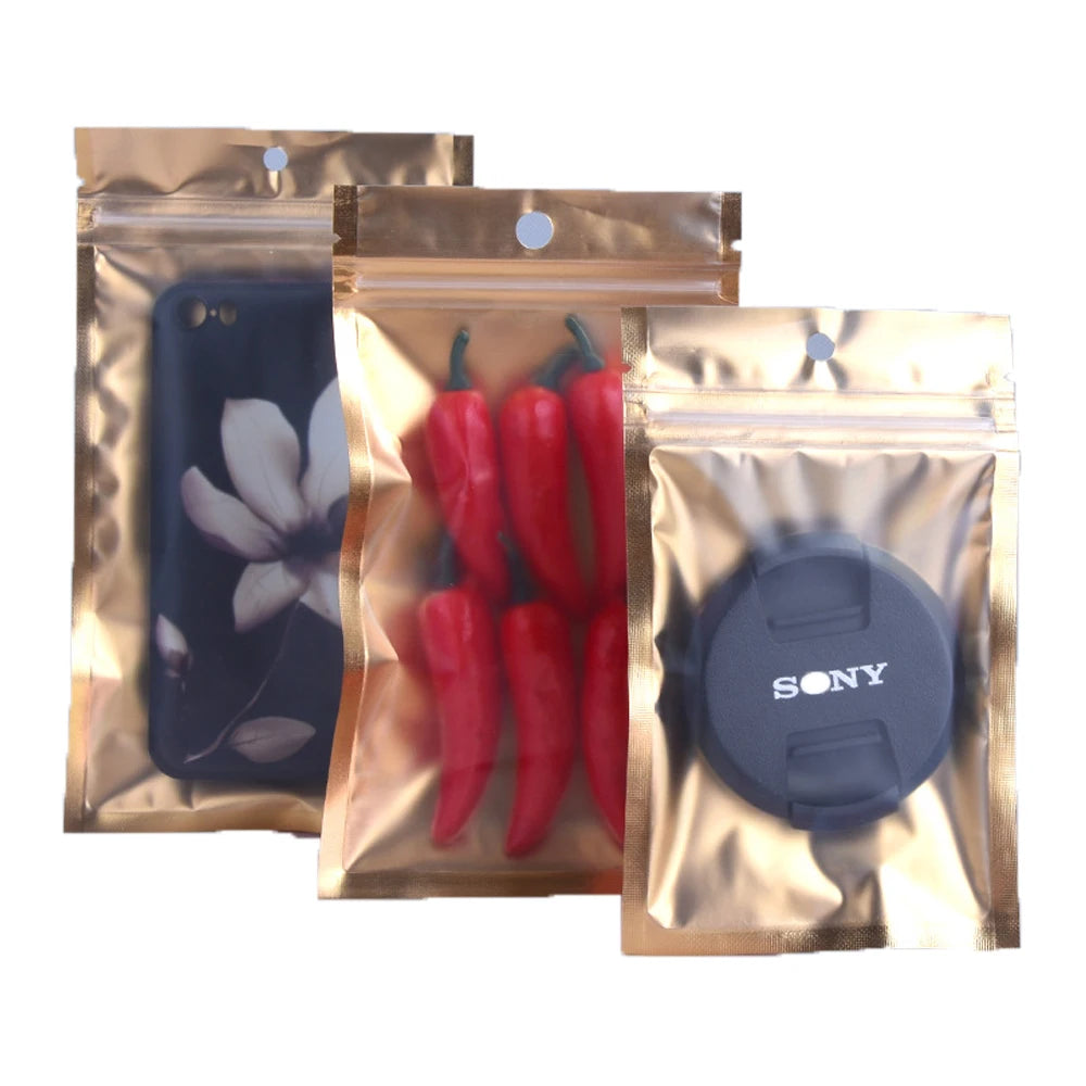 100Pcs/Lot Matte Aluminum Foil Gold Zip Lock Bag with Hang Hole Self Grip Seal Tear Notch Food Candy Storage Packaging Pouches