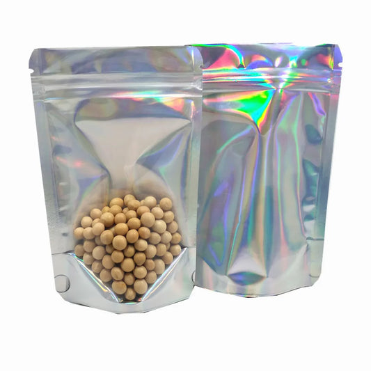 100Pcs/Lot Clear Glittery Silver Mylar Foil Zip Lock Stand Up Bag Reusable Resealable Tear Notch Doypack Grip Seal Food Pouches