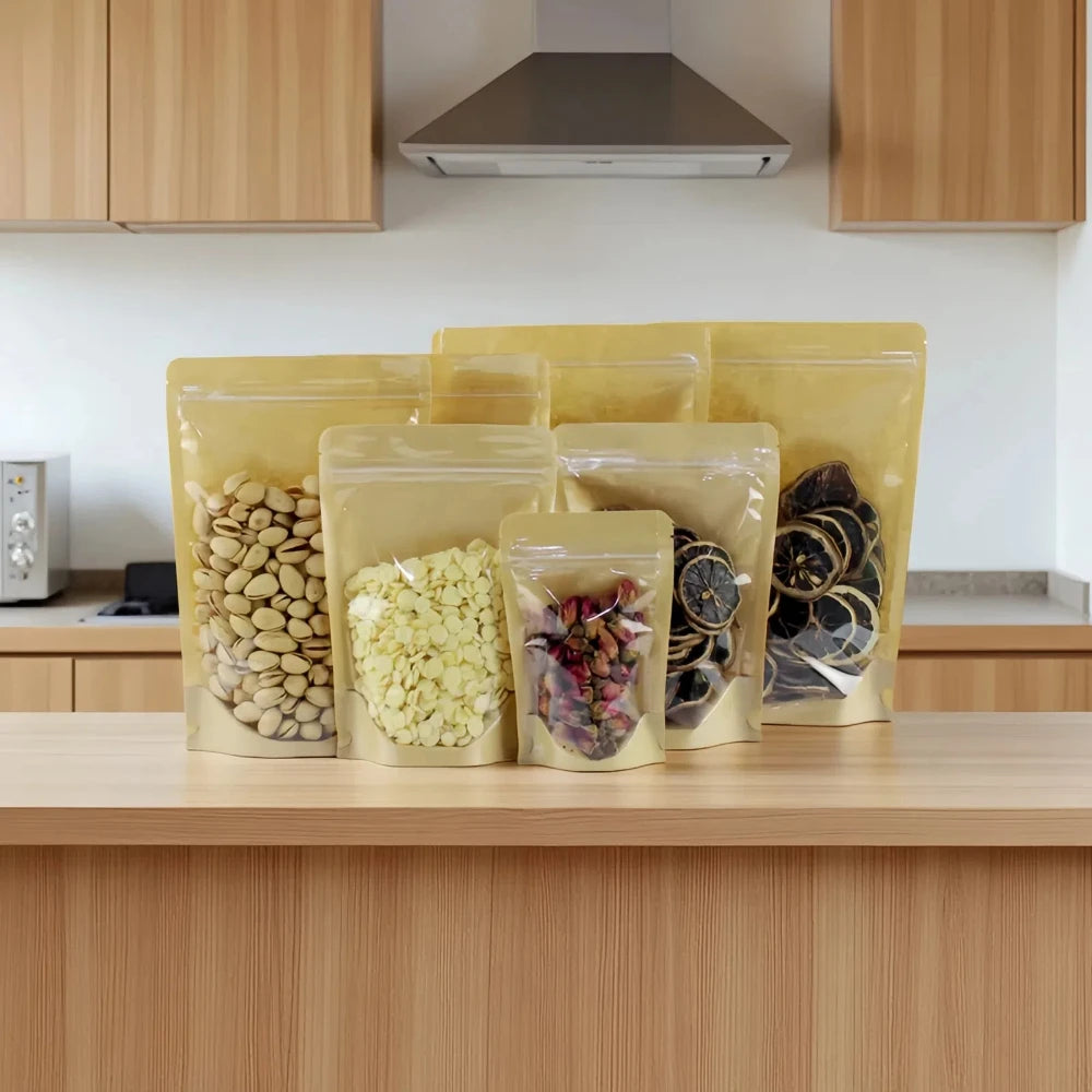 100Pcs Clear Stand Up Kraft Paper Ziplock Bags Reusable Storage Pouches for Matcha Cocoa Coffee Snacks Gifts for Tea Chocolate