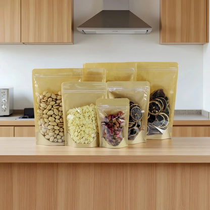 100Pcs Clear Stand Up Kraft Paper Ziplock Bags Reusable Storage Pouches for Matcha Cocoa Coffee Snacks Gifts for Tea Chocolate