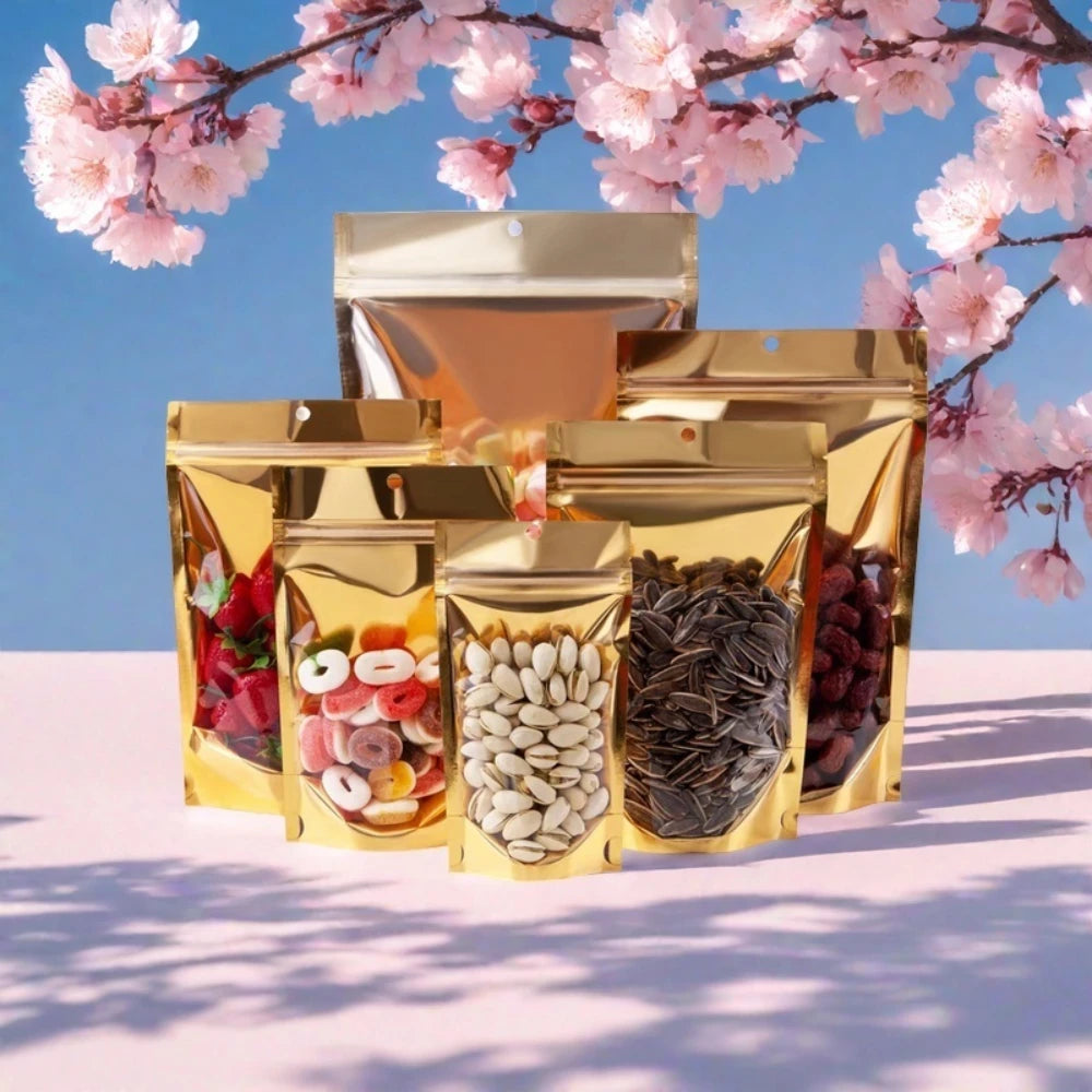 100Pcs Resealable Clear Gold Zip Lock Stand Up Bags Perfect for Storing Snacks Coffee Candy Dried Fruits Packaging Pouches