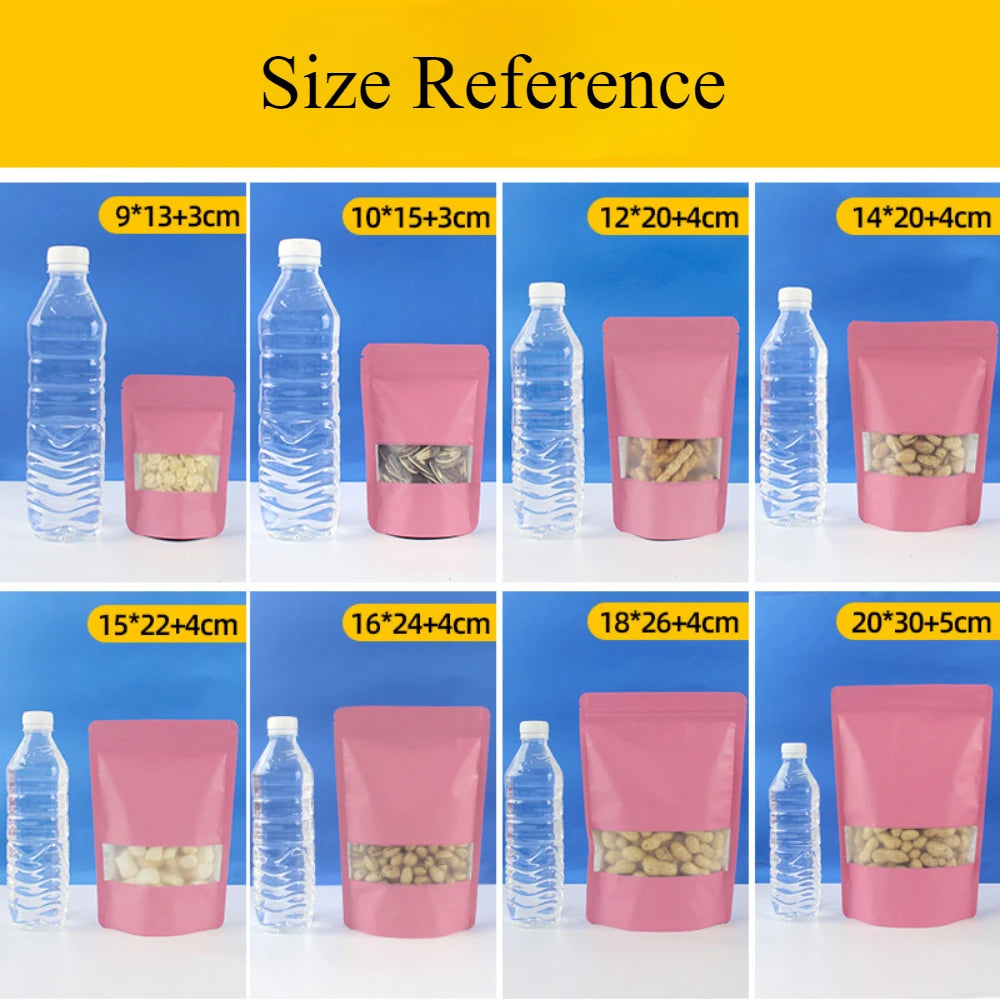 Colored Aluminum Foil Bag Matte Window Stand Up Plated Self Sealing Frosted Food Packaging Candy Snack Sealed Pouches