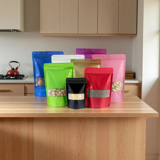 Colored Aluminum Foil Bag Matte Window Stand Up Plated Self Sealing Frosted Food Packaging Candy Snack Sealed Pouches