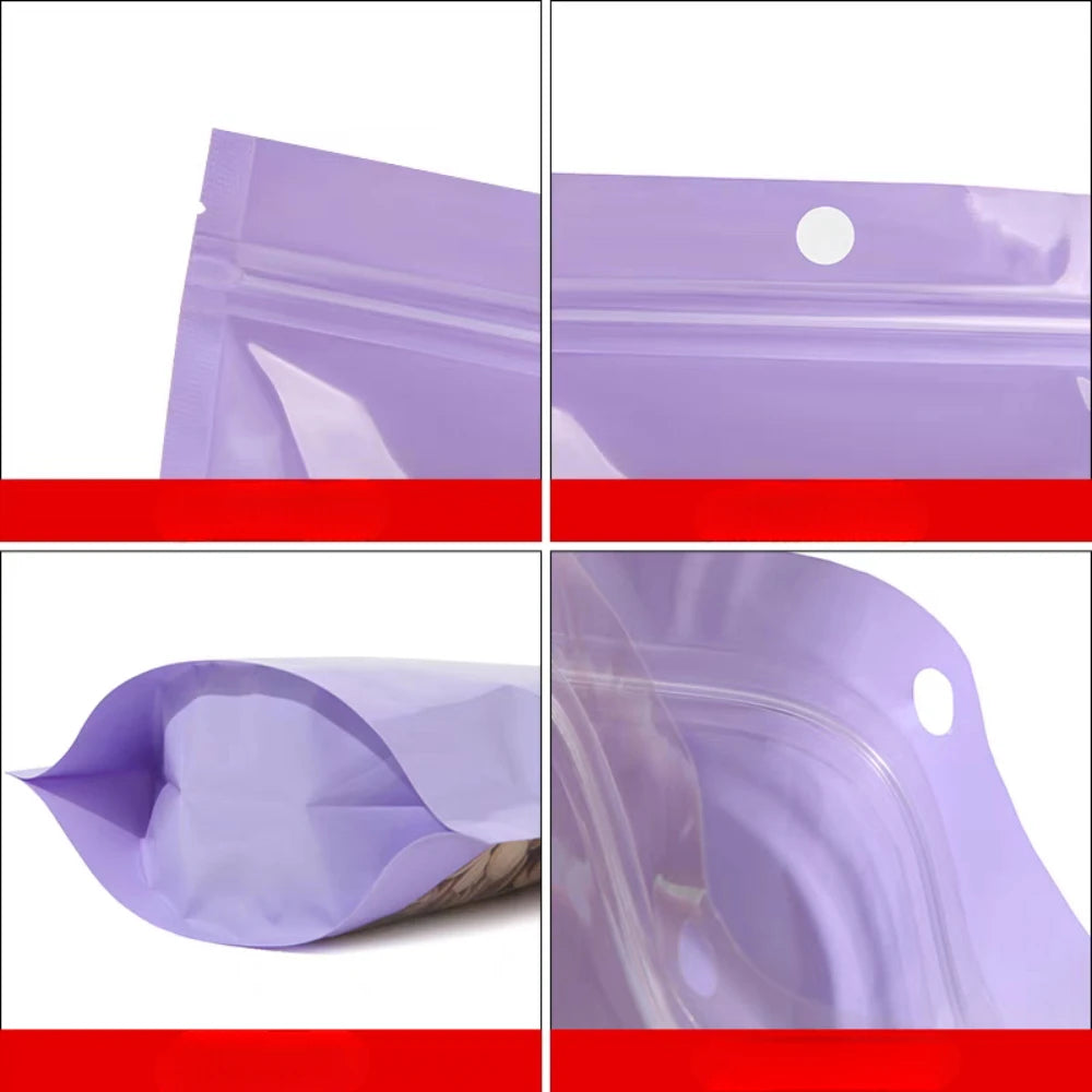 100Pcs Pink Green Purple Macaron Plastic Bags Stand Up Zipper Food Storage Pouches for Tea Nuts Powder Transparent Pearlescent