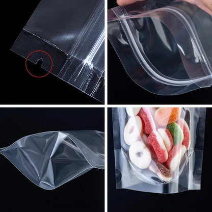 100Pcs Resealable High Clear Stand Up Plastic Zipper Bags Perfect for Snacks Candy Coffee Dried Fruits Gifts Storage Pouches