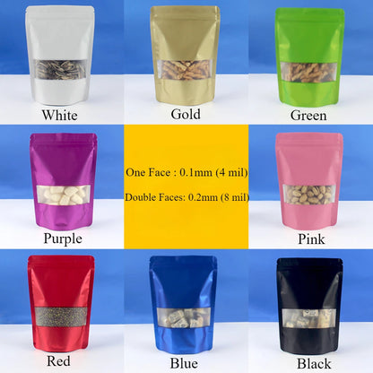 Colored Aluminum Foil Bag Matte Window Stand Up Plated Self Sealing Frosted Food Packaging Candy Snack Sealed Pouches