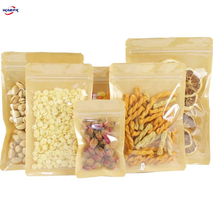 100Pcs/Lot Clear Brown Zip Lock Plastic Kraft Paper Bag Self Grip Zipper Seal Tear Notch Food Snack Candy Tea Coffee Pouches