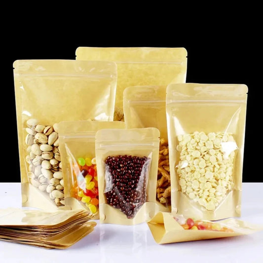 100Pcs Stand Up Clear Kraft Paper Ziplock Bags Resealable Storage Pouches for Snacks Coffee Tea Gifts Enviromental Packaging