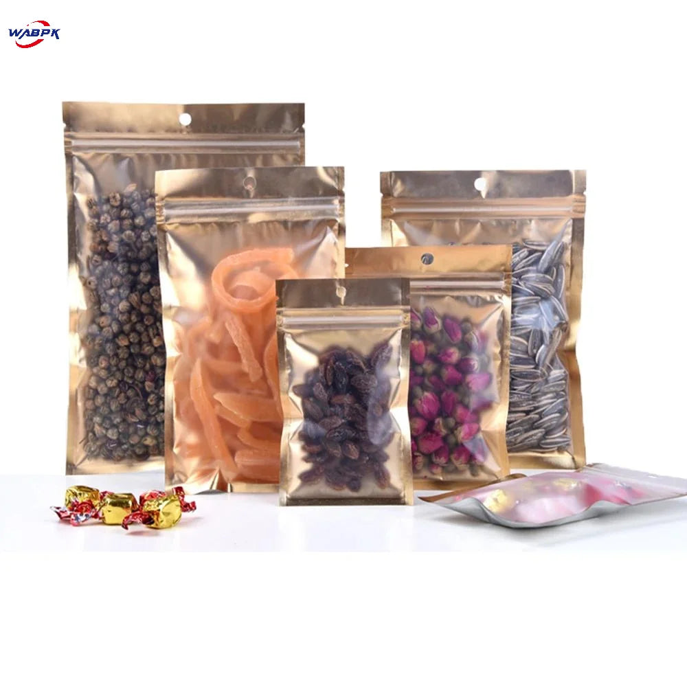 100Pcs/Lot Matte Aluminum Foil Gold Zip Lock Bag with Hang Hole Self Grip Seal Tear Notch Food Candy Storage Packaging Pouches