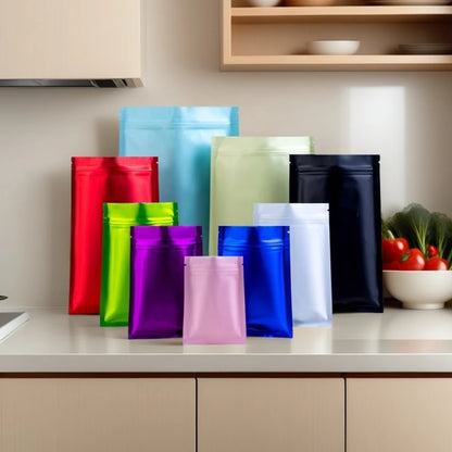 100 шт. матовых алюминиевых фольгированных пакетов с застежкой-молнией, многоразовые, матовые, для хранения кофе, закусок, специй, сахара, чая и зерен 