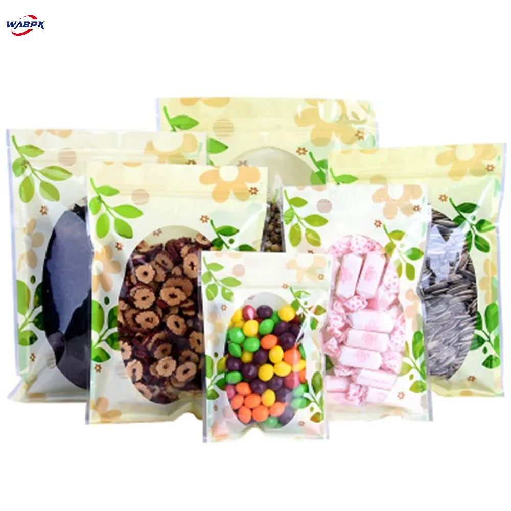 100Pcs/Lot Tear Notch Reusable Food Chocolate Cookies Tea Storage Pack Zip Lock Plastic Bag with Clear Window Green Leaf Printed