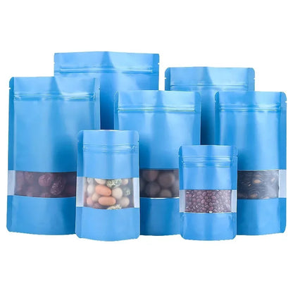 100Pcs Resealable Ziplock Bags Matte Aluminum Foil Stand Up Storage Pouches with Window for Snacks Beads Cereal Spices Candies