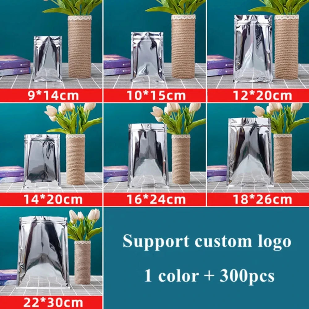 100 шт. плоских глянцевых серебристых алюминиевых фольгированных пакетов с застежкой-молнией, идеально подходящих для хранения чая, закусок, специй и кофе, многоразовые упаковочные пакеты 