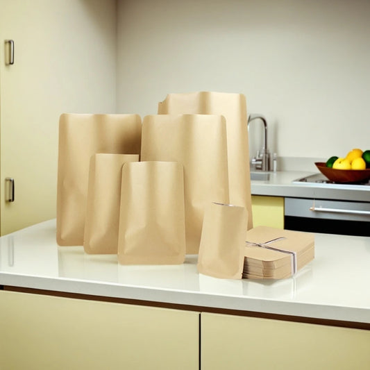 100Pcs Flat Bottom Kraft Paper Mylar Foil Bags DIY Tea Coffee Spice Storage Pouches Heat Sealable Eco-Friendly Packaging