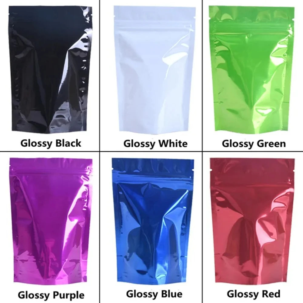 100Pcs Resealable Colorful Glossy Aluminum Foil Stand Up Bags Zip Lock Pouches Ideal for Coffee Beans Snacks Candy Gifts Packing