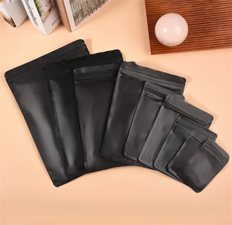 100PCS Matte Black Aluminum Foil Ziplock Packaging Bag Resealable Snack Coffee Sugar Beaf Biscuit Candy Tea Gift Storage Pouches