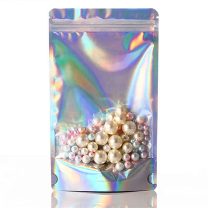 100Pcs Holographic Zip Lock Bags Translucent Stand Up Clear Front Perfect for Snacks Coffee Dried Fruits Candy Reusable Pouches