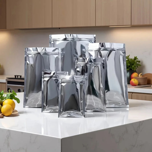 100Pcs Flat Glossy Silver Aluminum Foil Ziplock Pouches Perfect for Tea Snacks Spices Coffee Storage Reusable Packaging Bags