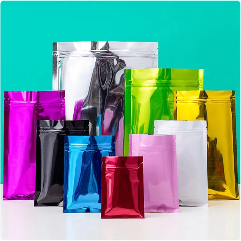 100 шт. многоразовых плоских глянцевых матовых алюминиевых фольгированных пакетов с застежкой-молнией, идеально подходящих для упаковки кофе, специй, семян, закусок, конфет и чая 